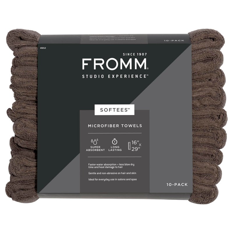 Fromm Softees Microfiber Salon Hair Towels for Hairstylists, Barbers, Spa, Gym in Brown, 16" by 29", 10 count Perfect Hair Care Towel for Drying Curly, Long, Wavy Hair - Image 1